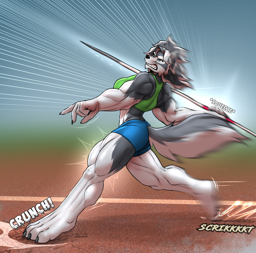 2023 4_toes 5_fingers absurd_res anthro athletic athletic_anthro athletic_female back_muscles barefoot black_nose bottomwear bra breasts canid canine canis claws clenched_teeth clothed clothing feet female finger_claws fingers fur grey_body grey_fur hair hi_res hindpaw humanoid_hands javelin mammal multicolored_body multicolored_fur muscular muscular_anthro muscular_female mykegreywolf paws shorts solo sports_bra teeth throwing toe_claws toes two_tone_body two_tone_fur underwear white_body white_fur white_hair wolf