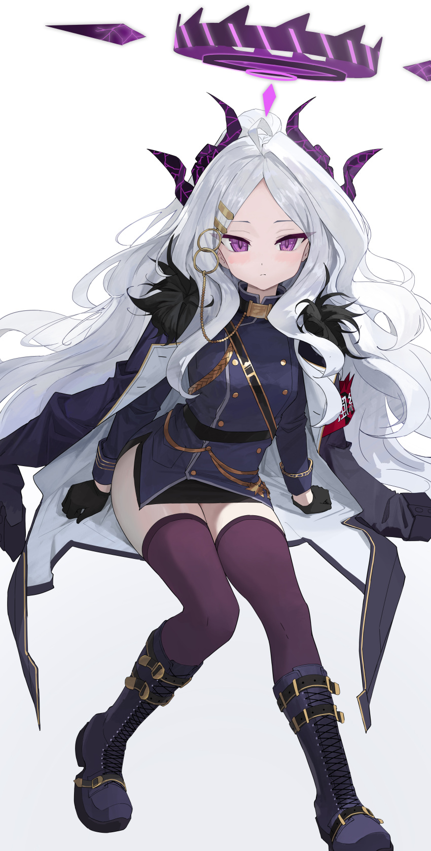1-5iro 1girl absurdres aiguillette black_coat black_footwear black_gloves black_horns black_thighhighs blue_archive blush boots buttons closed_mouth coat demon_horns double-breasted full_body gloves halo highres hina_(blue_archive) horns long_hair long_sleeves military_uniform multiple_horns parted_bangs purple_eyes simple_background solo thighhighs uniform white_background white_hair