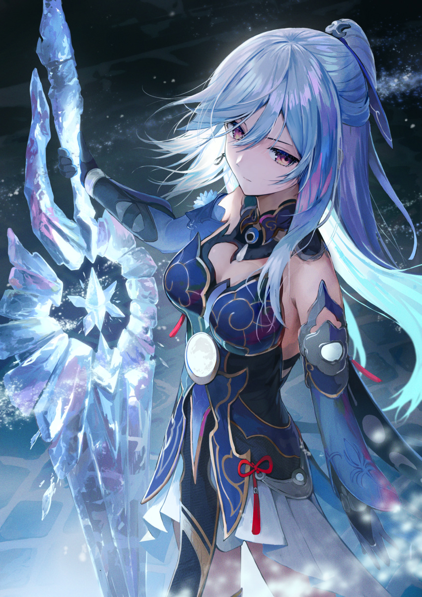 1girl bare_shoulders black_gloves blue_dress blue_hair blue_sleeves closed_mouth commentary_request cowboy_shot crystal_sword detached_sleeves dress expressionless gloves highres holding holding_sword holding_weapon honkai:_star_rail honkai_(series) ice_shard jingliu_(honkai:_star_rail) long_hair pi_(p77777778) ponytail purple_eyes sleeveless sleeveless_dress solo sword weapon