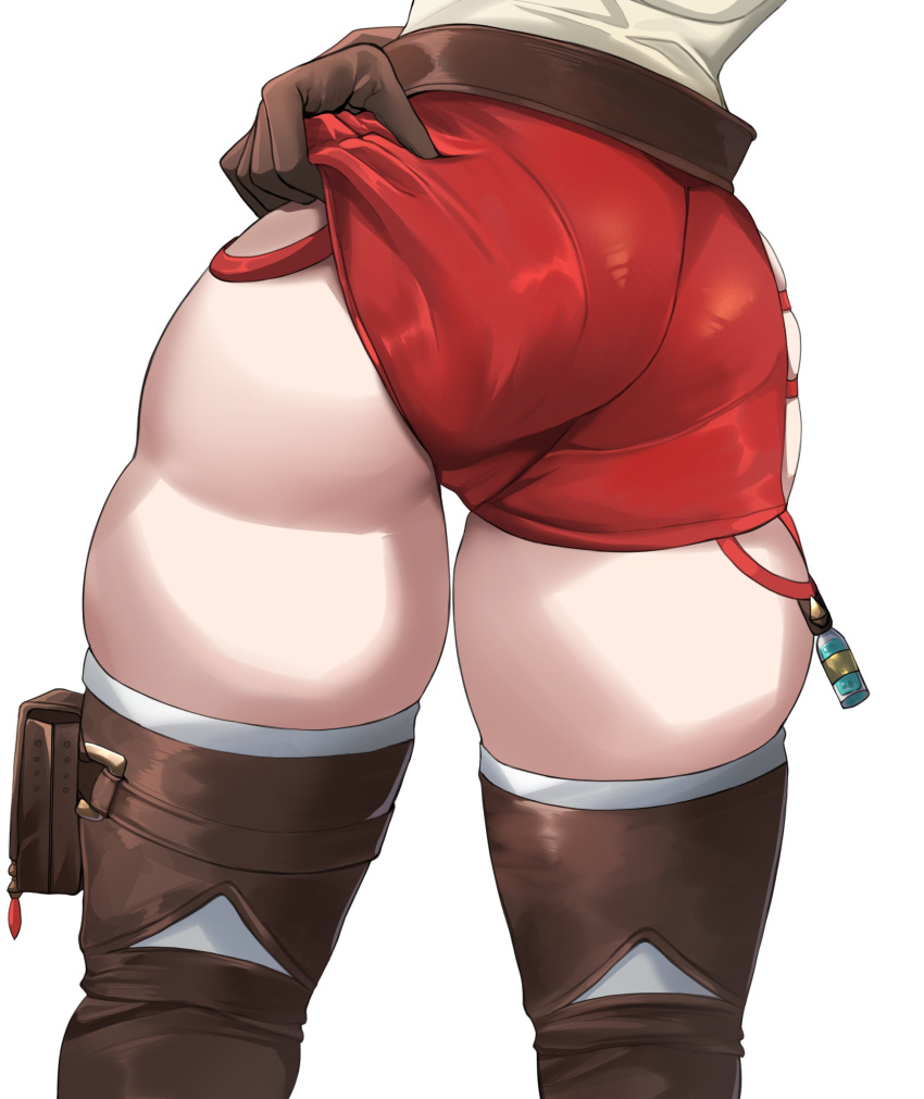 1girl ass ass_focus atelier_(series) atelier_ryza bellone belt brown_belt brown_gloves brown_thighhighs clothes_pull commentary_request from_behind gloves highres leather leather_belt leather_gloves pouch pulled_by_self red_shorts reisalin_stout short_shorts shorts shorts_lift simple_background solo thighhighs white_background