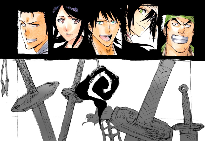 2girls 3boys absurdres bandana black_hair bleach blue_eyes brown_eyes closed_mouth green_bandana green_eyes hair_between_eyes highres ken'ichi_(ken1ro_u) kurosaki_isshin looking_at_viewer medium_hair multiple_boys multiple_girls open_mouth orange_eyes parted_bangs partially_colored planted planted_sword polearm shiba_ganju shiba_kaien shiba_kuukaku shiba_miyako sideburns sidelocks smile sword trident weapon