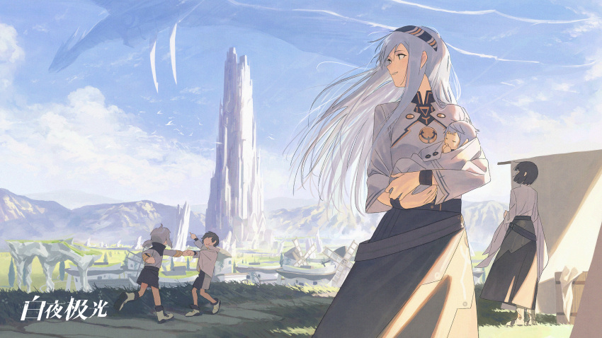 2boys 2girls alchemy_stars baby baby_carry black_hair black_shorts black_skirt blanket boots building carrying cloud copyright_name drying drying_clothes grey_hair high-waist_skirt highres house jiankun_yu long_hair long_sleeves looking_at_another mountainous_horizon multiple_boys multiple_girls pointing shadow short_hair shorts sideways_mouth skirt smile standing tower white_footwear windmill wristband