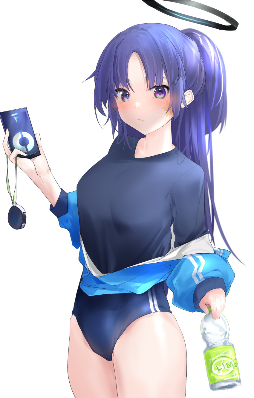 1girl absurdres blue_archive blush bottle closed_mouth halo highres holding holding_bottle jacket long_hair long_sleeves looking_at_viewer off_shoulder one-piece_swimsuit open_clothes open_jacket purple_eyes purple_hair shirt simple_background solo stopwatch swimsuit wanghua yuuka_(blue_archive) yuuka_(gym_uniform)_(blue_archive)