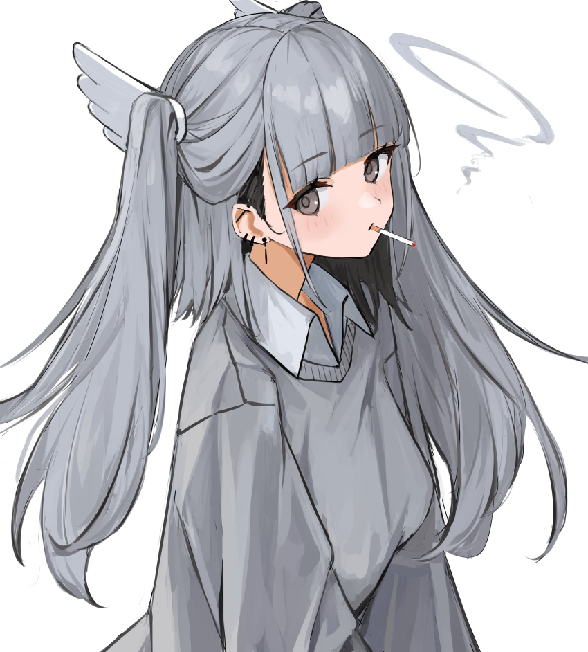 1girl absurdres blunt_bangs blush breasts cigarette collared_shirt commentary_request earrings grey_eyes grey_hair grey_sweater highres jewelry long_hair long_sleeves looking_at_viewer mouth_hold original shiro_wa_(shiroshironix) shirt simple_background small_breasts smoke smoking solo sweater twintails upper_body very_long_hair white_background white_shirt wing_hair_ornament