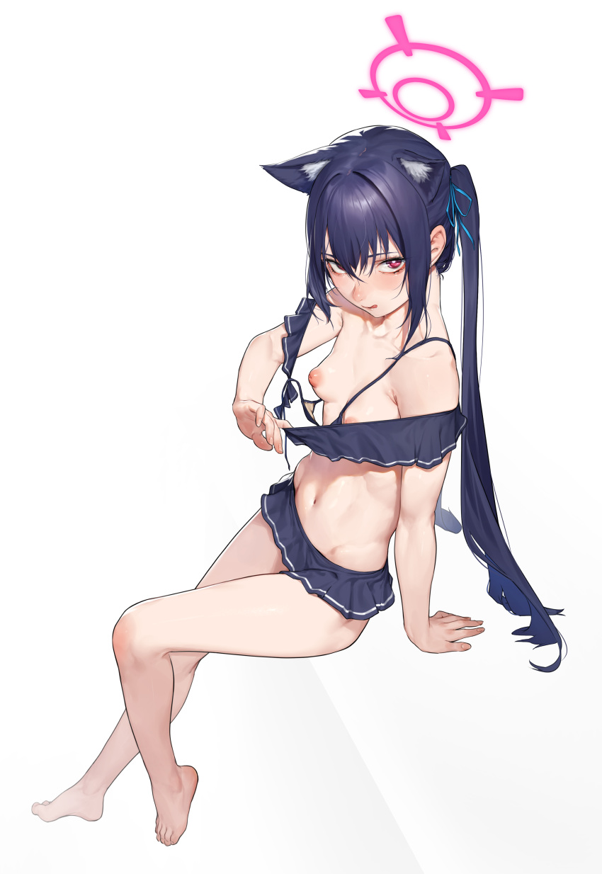 1girl absurdres animal_ear_fluff animal_ears arm_support barefoot beeeeen bikini bikini_pull bikini_skirt black_bikini black_hair blue_archive blue_ribbon breasts cat_ears closed_mouth clothes_pull collarbone extra_ears feet full_body hair_between_eyes hair_ribbon halo highres legs licking_lips long_hair looking_at_viewer navel nipples puffy_nipples red_eyes ribbon serika_(blue_archive) serika_(swimsuit)_(blue_archive) simple_background sitting small_breasts solo swimsuit toenails toes tongue tongue_out twintails white_background