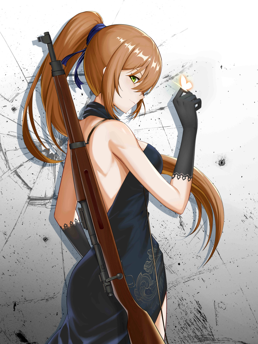 1girl absurdres black_gloves blue_dress blue_ribbon bolt_action breasts brown_hair bug butterfly dress elbow_gloves from_side girls'_frontline gloves green_eyes gun hair_between_eyes hair_ribbon hand_up highres large_breasts llaos long_hair looking_at_viewer m1903_springfield ribbon rifle sleeveless sleeveless_dress smile solo springfield_(girls'_frontline) very_long_hair weapon
