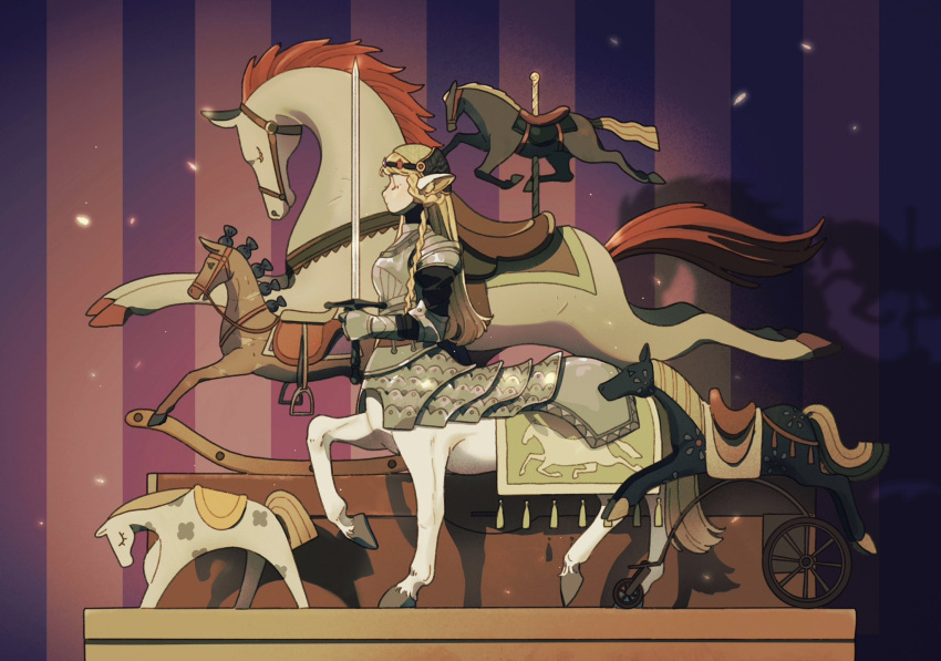 1girl animal_ears armor blonde_hair braid carousel centaur closed_eyes commentary facing_ahead faulds full_body gauntlets hair_around_ear helmet highres holding holding_sword holding_weapon horse horse_ears horse_girl jidu_que_mi_de_xiao_caocao long_hair long_sleeves original pauldrons plate_armor profile shoulder_armor side_braid solo striped striped_background sword symbol-only_commentary taur unsheathed walking weapon