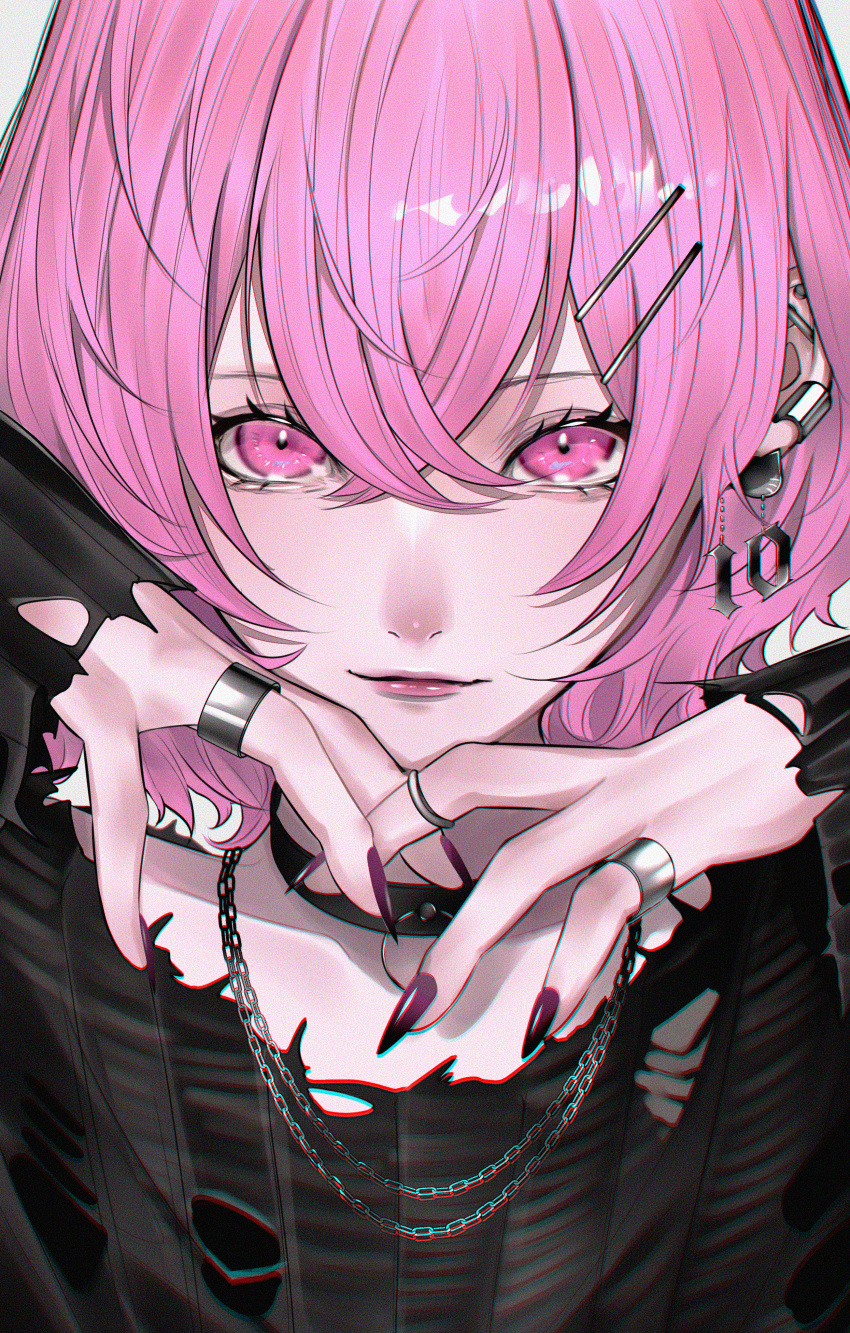 1girl absurdres black_choker black_dress choker closed_mouth dress earrings fingernails hair_between_eyes hair_ornament hairclip highres jewelry long_sleeves looking_at_viewer mano_aaa niconico nqrse piercing pink_eyes pink_hair pink_lips ring sharp_fingernails short_hair smile