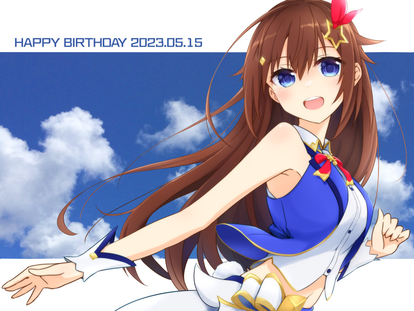 1girl bare_shoulders blue_eyes breasts brown_hair diamond_hair_ornament hair_flaps hair_ornament hairclip highres hololive large_breasts long_hair looking_at_viewer midriff navel nogi_(nogi238) solo star_(symbol) star_hair_ornament tokino_sora vest virtual_youtuber wrist_cuffs