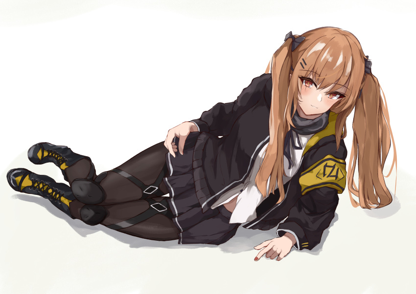 1girl black_bow black_footwear black_jacket black_pantyhose black_skirt boots bow brown_eyes brown_hair closed_mouth full_body girls'_frontline hair_bow highres jacket knee_pads long_hair long_sleeves looking_at_viewer lying on_side pantyhose scar scar_across_eye simple_background skirt smile solo spxn7787 twintails ump9_(girls'_frontline) white_background