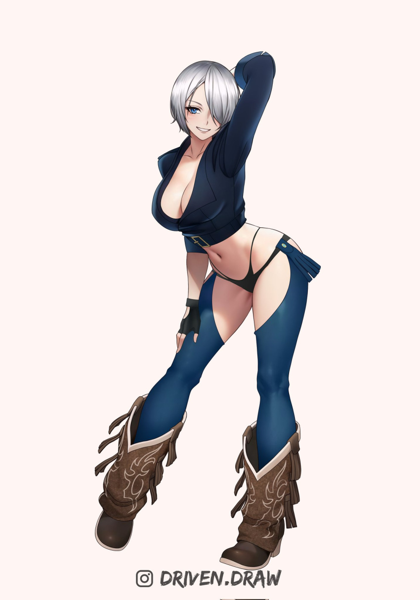 1girl angel_(kof) artist_name backless_pants blue_eyes boots bra breasts chaps cleavage commission cowboy_boots crop_top cropped_jacket drivendraw fingerless_gloves gloves hair_over_one_eye highres jacket large_breasts leather leather_jacket looking_at_viewer midriff navel panties pants short_hair simple_background smile snk solo strapless strapless_bra the_king_of_fighters the_king_of_fighters_xiv toned underwear white_hair