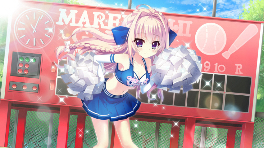 1girl ahoge analog_clock armpits bare_shoulders blonde_hair blue_bow blue_eyes blue_skirt blue_sky bow braid breasts cheerleader cleavage clock cloud collarbone day dot_nose dutch_angle elbow_gloves fence film_grain game_cg gloves group_name hair_bow hair_intakes hand_on_own_hip izumi_tsubasu large_breasts leaning_forward lens_flare long_braid long_hair midriff miniskirt navel non-web_source official_art outdoors pole pom_pom_(cheerleading) re:stage! scoreboard shiratori_amaha_(re:stage!) single_braid skirt sky smile solo sparkle sunlight tree white_gloves