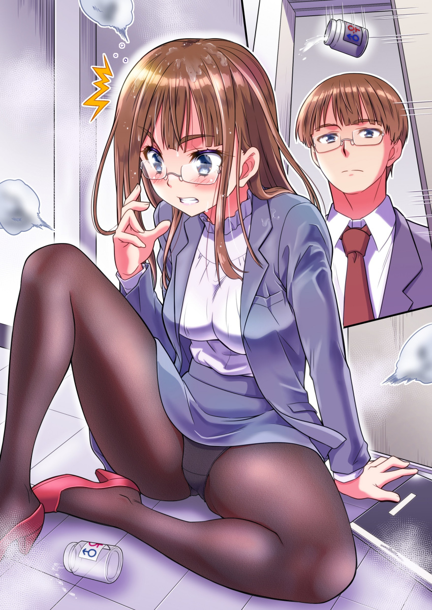 1boy 1girl absurdres blue_eyes blush breasts brown_hair embarrassed eyelashes genderswap genderswap_(mtf) glasses high_heels highres kaneko_naoya long_hair medium_breasts necktie original pantyhose pumps shirt short_hair source_request suit teacher transformation white_shirt