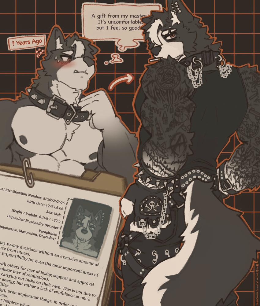 absurd_res anthro blush canid canine canis collar domestic_dog english_text hi_res male mammal muscular muscular_male profile qwertyuiop4082 solo submissive submissive_male tattoo text