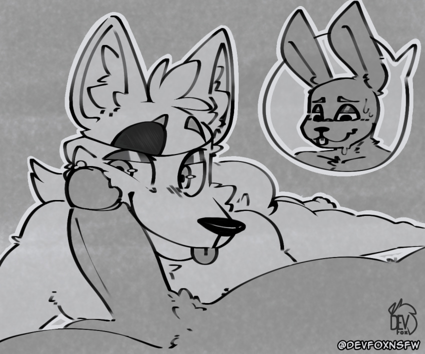 anthro bonnie_(fnaf) canid canine devfoxnsfw duo five_nights_at_freddy's fox foxy_(fnaf) frottage fur genitals lagomorph leporid looking_at_viewer male male/male mammal monochrome penis rabbit scott_cawthon scottgames sex simple_background smile smiling_at_viewer tongue tongue_out