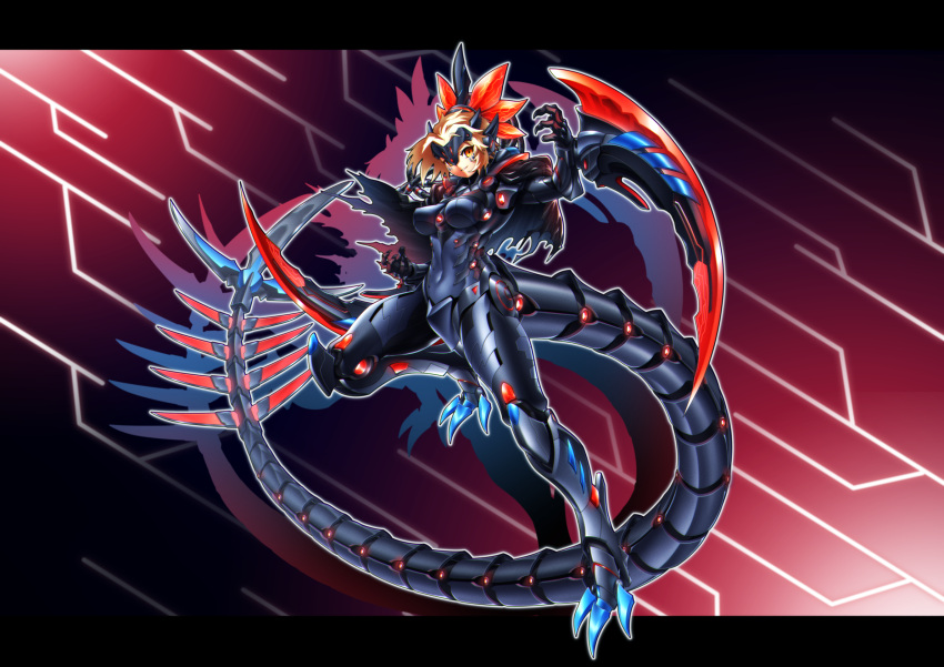 1girl arm_blade blonde_hair bodysuit breasts chiyoko_(chokochokotto) claws covered_navel dinomorphia_kentregina duel_monster exoskeleton facial_mark full_body grin highres jumping large_breasts looking_at_viewer mechanical_tail orange_eyes short_hair smile solo tail torn_capelet weapon yu-gi-oh!