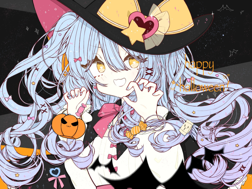 1girl black_headwear blue_hair blush bow bowtie claw_pose happy_halloween hat hat_ornament heart_hat_ornament lobotomy_corporation long_hair looking_at_viewer open_mouth pink_bow pink_bowtie project_moon queen_of_hatred relele smile solo two_side_up very_long_hair witch_hat yellow_eyes