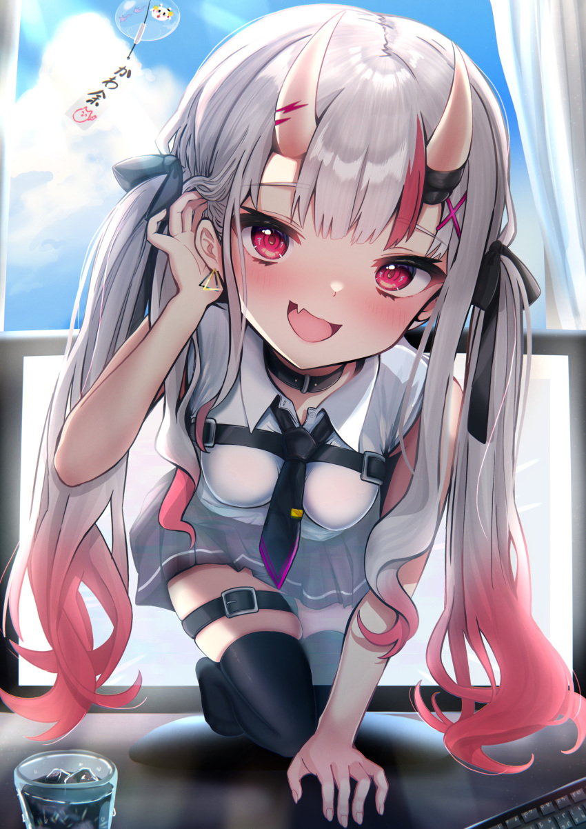 1girl absurdres black_choker black_skirt black_thighhighs blue_sky blush choker earrings fang glass hair_between_eyes hair_ribbon hand_in_own_hair highres hololive horns ice jewelry karma_(nakiri_ayame) keyboard_(computer) looking_at_viewer monitor multicolored_hair nakiri_ayame nakiri_ayame_(5th_costume) necktie no_shoes oni oni_horns poyoyo_(nakiri_ayame) red_eyes ribbon shiranui_(nakiri_ayame) shirt skirt sky smile solo streaked_hair terra_bose thighhighs twintails virtual_youtuber white_hair white_shirt