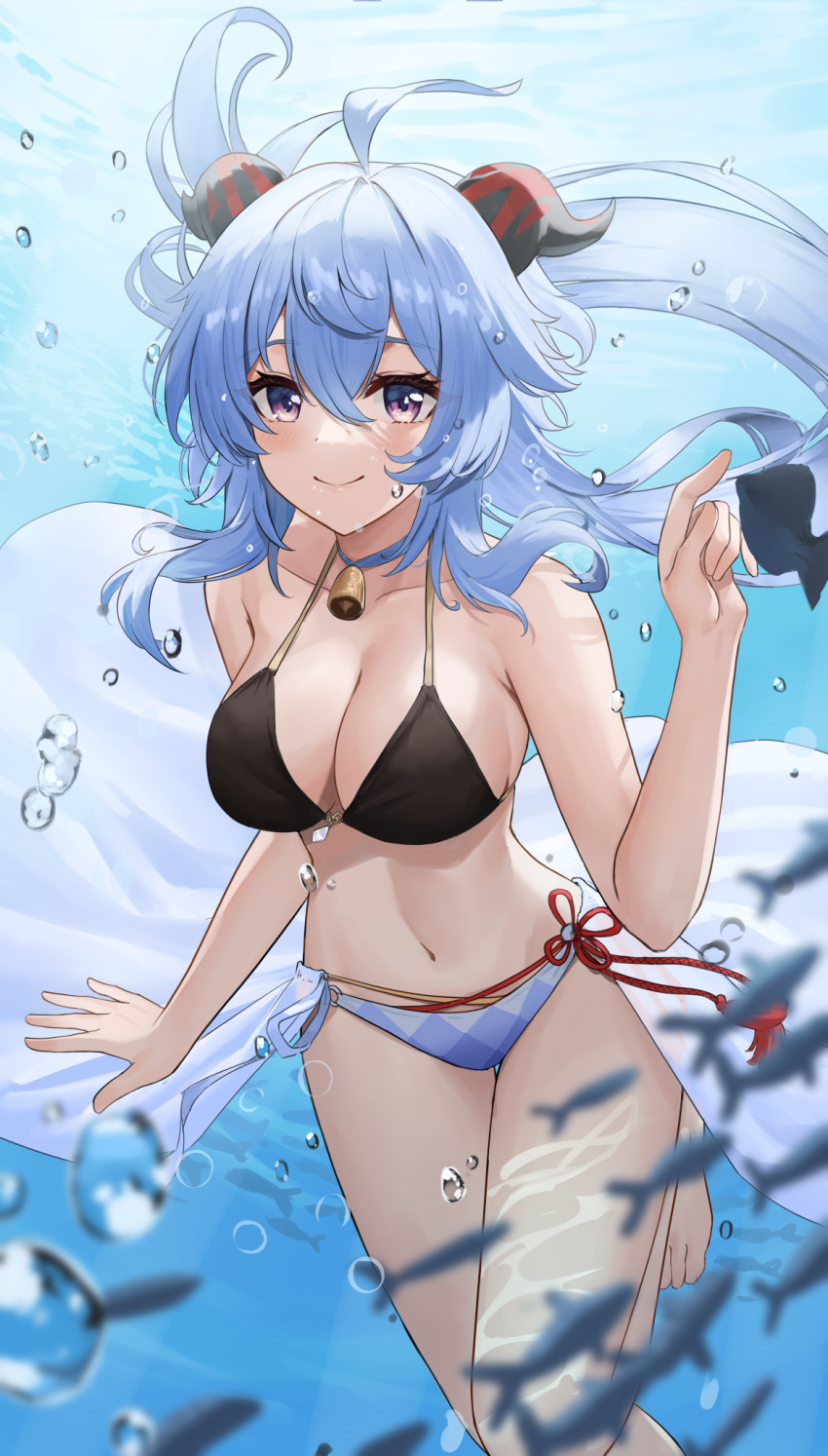 1girl ahoge ayul_(ayulneri_92) bare_shoulders bell bikini black_bikini blue_bikini blue_hair blush breasts choker cleavage collarbone commission ganyu_(genshin_impact) genshin_impact goat_horns highres horns large_breasts long_hair looking_at_viewer low_ponytail mismatched_bikini navel neck_bell pixiv_commission purple_eyes sarong sidelocks smile solo swimming swimsuit thighs underwater