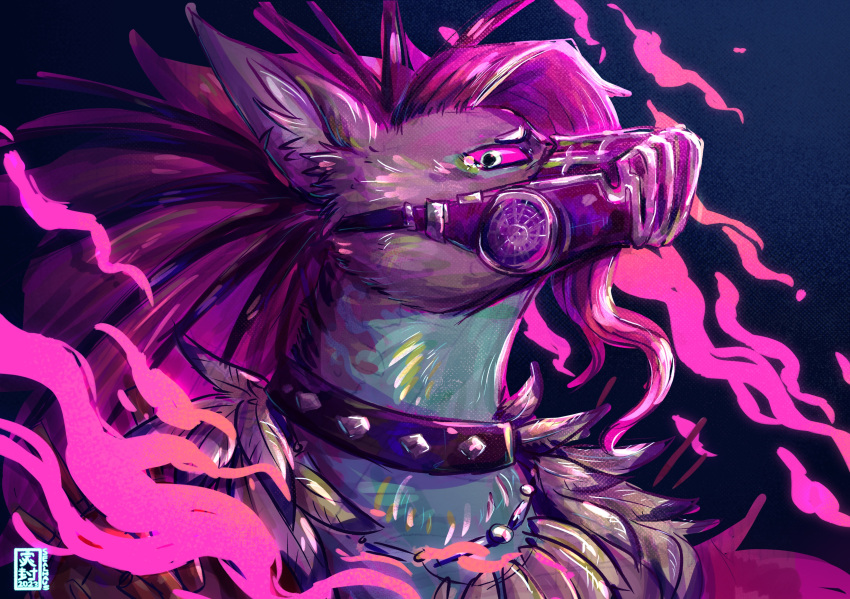 2023 absurd_res anthro black_background bodily_fluids collar digital_media_(artwork) digital_painting_(artwork) dislyte feather_necklace feathers fur hair hi_res hyena inner_ear_fluff liam_(dislyte) long_hair male mammal mane multicolored_body multicolored_fur muzzle_(object) pink_hair pink_sclera sealhaus simple_background solo spiked_collar spikes tears tuft two_tone_body two_tone_fur