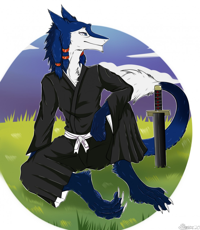 2020 anthro barefoot belt blue_body blue_fur claws clothed clothing cloud cloudscape feet fur grass hi_res katana looking_away male marcushunter melee_weapon mouth_closed outside plant robe seiji_(seiji_the_sergal) sergal signature sitting sky solo sword sword_in_ground tail tail_tuft toe_claws tuft weapon