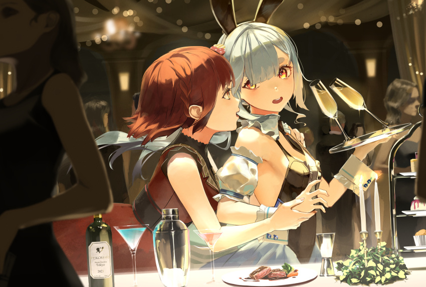 2girls absurdres animal_ears blue_hair breasts crowd cup detached_sleeves dress drinking_glass fake_animal_ears hand_grab highres holding holding_tray hololive houshou_marine houshou_marine_(3rd_costume) long_hair looking_at_another multiple_girls open_mouth puffy_short_sleeves puffy_sleeves rabbit_ears rasa_k red_dress red_eyes red_hair round_teeth short_hair short_sleeves small_breasts teeth thick_eyebrows tray usada_pekora_(5th_costume) virtual_youtuber wrist_cuffs