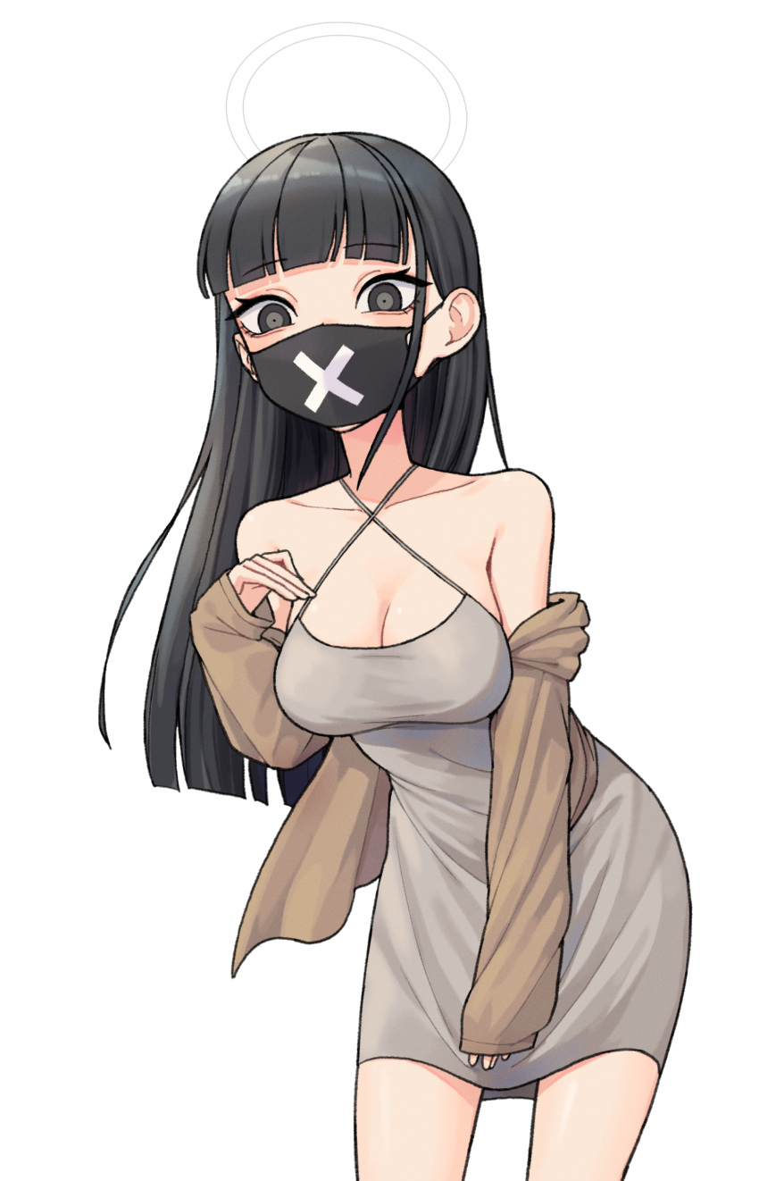 1girl absurdres black_eyes black_hair black_mask blue_archive blunt_bangs breasts brown_jacket chuo8008 cleavage collarbone dress grey_dress halo halterneck highres jacket leaning_forward long_hair long_sleeves looking_at_viewer mask mouth_mask simple_background solo sukeban_(smg)_(blue_archive) white_background white_halo