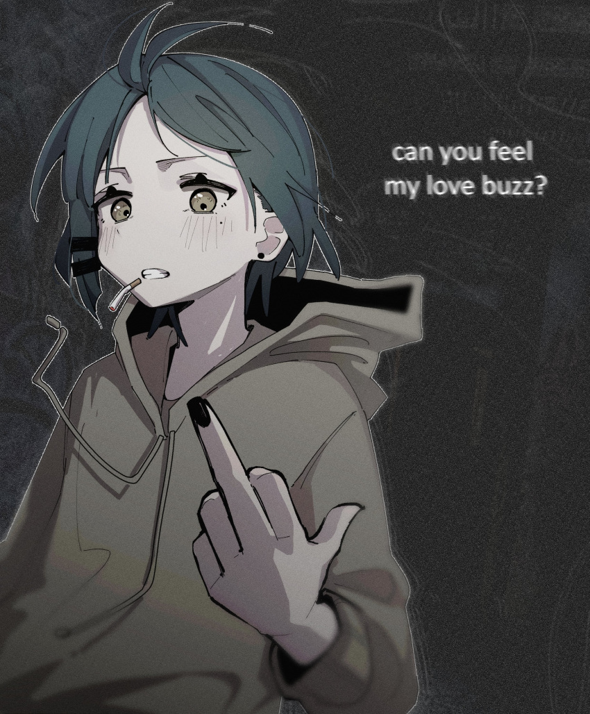 absurdres antenna_hair blue_hair blush bocchi_the_rock! cigarette dark drawstring earrings english_text green_eyes green_hoodie highres hood hoodie jewelry looking_at_viewer machuuu68 middle_finger parted_lips short_hair teeth upper_body yamada_ryo