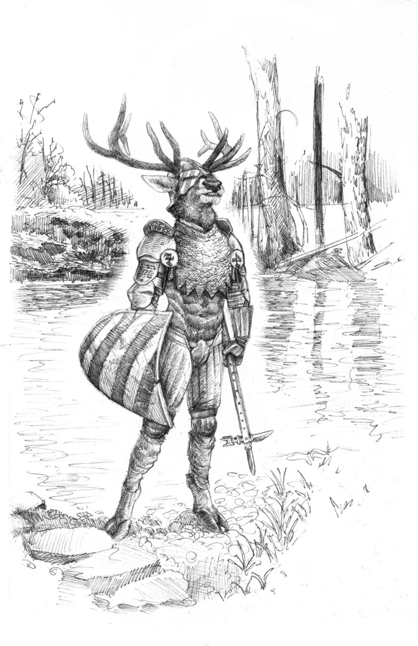 abs absurd_res anthro antlers armor cervine chainmail clothed clothing codpiece deer elk hammer headgear helmet hi_res hooves horn male mammal melee_weapon midriff momamo muscular muscular_anthro muscular_male neck_tuft outside partially_clothed pauldron runes shield solo standing tools tuft warhammer water weapon