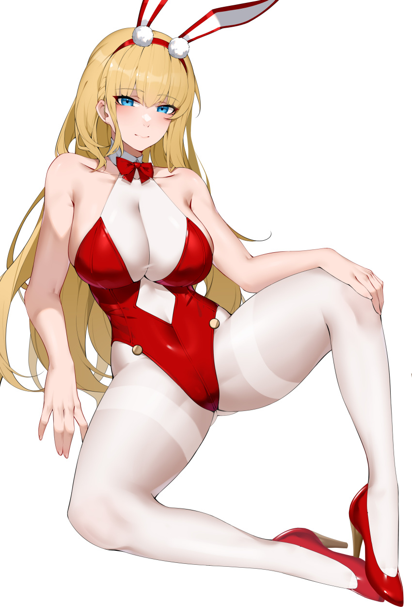 1girl absurdres alternate_costume animal_ears azur_lane blonde_hair blue_eyes bow bowtie breasts center_opening cleavage fake_animal_ears full_body hand_on_own_knee high_heels highleg highleg_leotard highres large_breasts leotard long_hair looking_at_viewer necktie north_carolina_(azur_lane) pantyhose pelvic_curtain playboy_bunny rabbit_ears red_bow red_bowtie red_footwear red_leotard red_necktie see-through shoes solo strapless strapless_leotard thighband_pantyhose white_pantyhose wsfw