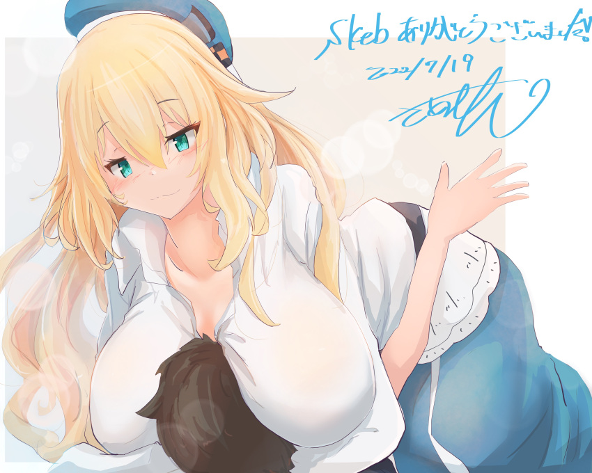 1boy 1girl absurdres admiral_(kancolle) age_difference atago_(kancolle) belt black_belt blonde_hair blue_eyes blue_headwear blue_skirt blush breast_smother breasts brown_hair face_to_breasts hat highres hug huge_breasts kantai_collection little_boy_admiral_(kancolle) onee-shota pinned saamon_(salmonkomaku) shirt skirt touyama_nao white_shirt