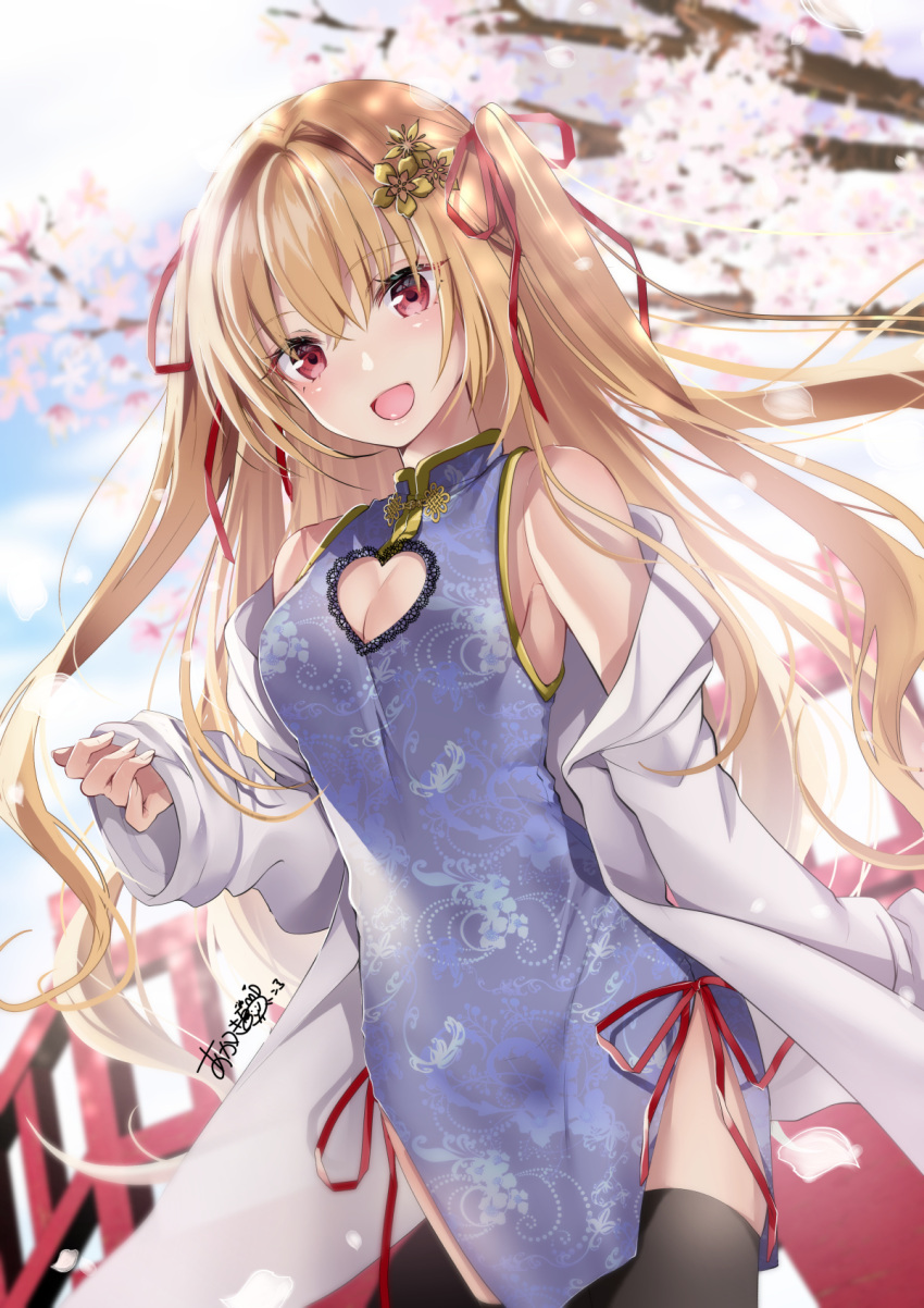1girl :d akatsuki_hijiri alternate_costume arm_at_side bare_shoulders black_thighhighs blonde_hair blue_dress blurry blurry_background blush breasts bridge cherry_blossoms china_dress chinese_clothes cleavage cleavage_cutout clothing_cutout coat commentary commission cowboy_shot dappled_sunlight day dress dutch_angle eyelashes eyes_visible_through_hair falling_petals floating_hair floral_print hair_between_eyes hair_intakes hair_ornament hair_ribbon hand_up happy heart_cutout highres hip_vent irotoridori_no_sekai lab_coat long_hair long_sleeves looking_at_viewer medium_breasts nikaidou_shinku open_clothes open_coat open_mouth outdoors petals red_eyes red_ribbon ribbon sidelocks signature skeb_commission sleeveless sleeveless_dress smile solo standing sunlight symbol-only_commentary thighhighs tsurime two_side_up very_long_hair wide_sleeves