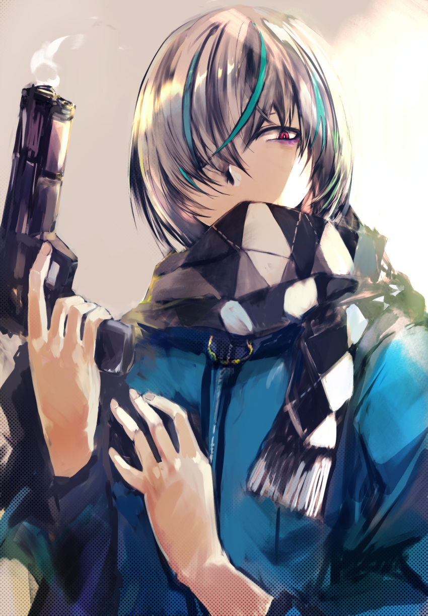 1boy agulo dohna_dohna_issho_ni_warui_koto_o_shiyou grey_hair gun hair_over_one_eye handgun highres holding holding_gun holding_weapon jacket kuma_(dohna_dohna) male_focus multicolored_hair red_eyes scarf short_hair simple_background smoke smoking_gun solo streaked_hair weapon zipper