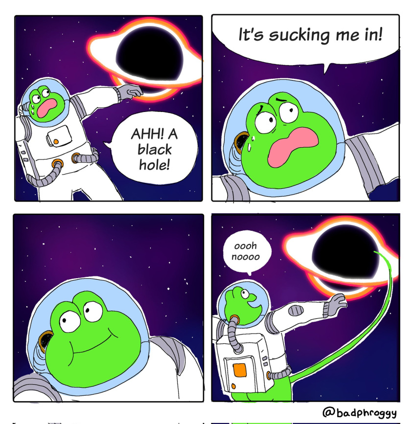 amphibian anthro badphroggy black_hole comic frog genitals hi_res humor long_penis male penis space spacesuit