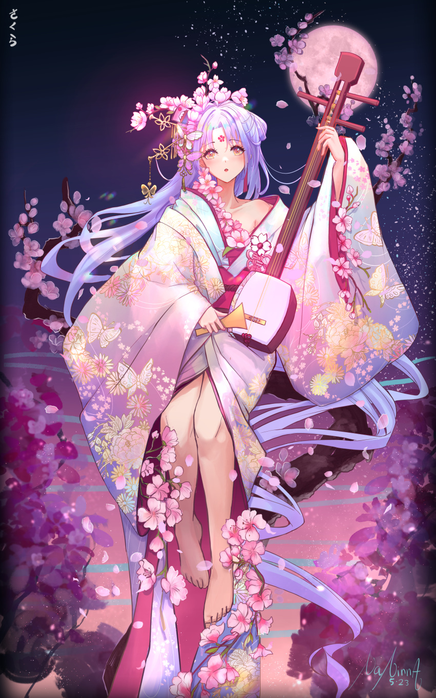 1girl :o absurdly_long_hair absurdres artist_name barefoot black_eyes blush cherry_blossoms collarbone dated english_commentary facial_mark flower forehead_mark hair_flower hair_ornament highres holding holding_instrument instrument japanese_clothes kimono long_hair moon naninna night night_sky obi off_shoulder original parted_bangs pink_flower purple_hair purple_kimono sash shamisen sky solo tree very_long_hair