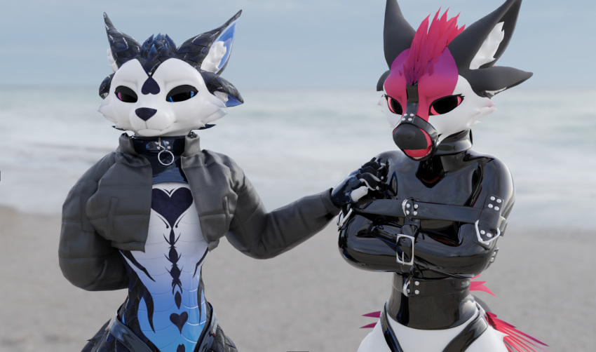 3d_(artwork) ambiguous_gender anthro ball_gag bdsm belt bondage bound claws deuzear digital_media_(artwork) digitalmedia(artwork) duo feathers gag hi_res latex male muzzle_(disambiguation) muzzle_(object) muzzle_gag muzzled restraints rubber straitjacket tail tavvy_tav