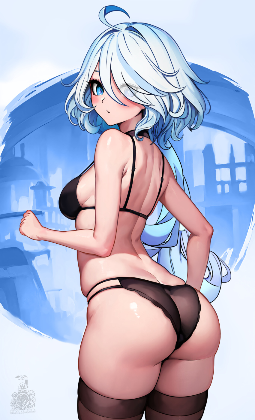 1girl absurdres ahoge artist_logo ass black_bra black_panties blue_eyes blush bra breasts cowboy_shot eyes_visible_through_hair furina_(genshin_impact) genshin_impact hair_over_one_eye highres long_hair looking_at_viewer looking_back medium_breasts mismatched_pupils panties parted_lips skindentation solo strap_gap thighhighs underwear unstableboiler very_long_hair wavy_hair white_hair