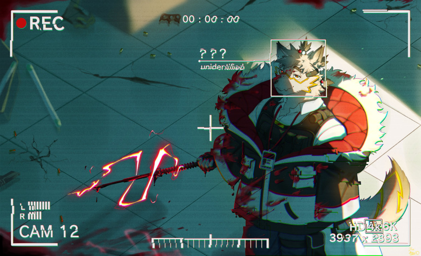 amarok_(kiekoio) assault_vest baton blood blood_on_face blood_splatter blood_stain flashbang fur-trimmed_hood fur_trim furry furry_male hair_tie hairband highres hood id_card kiekoio original pool_of_blood red_eyes red_lightning security_camera