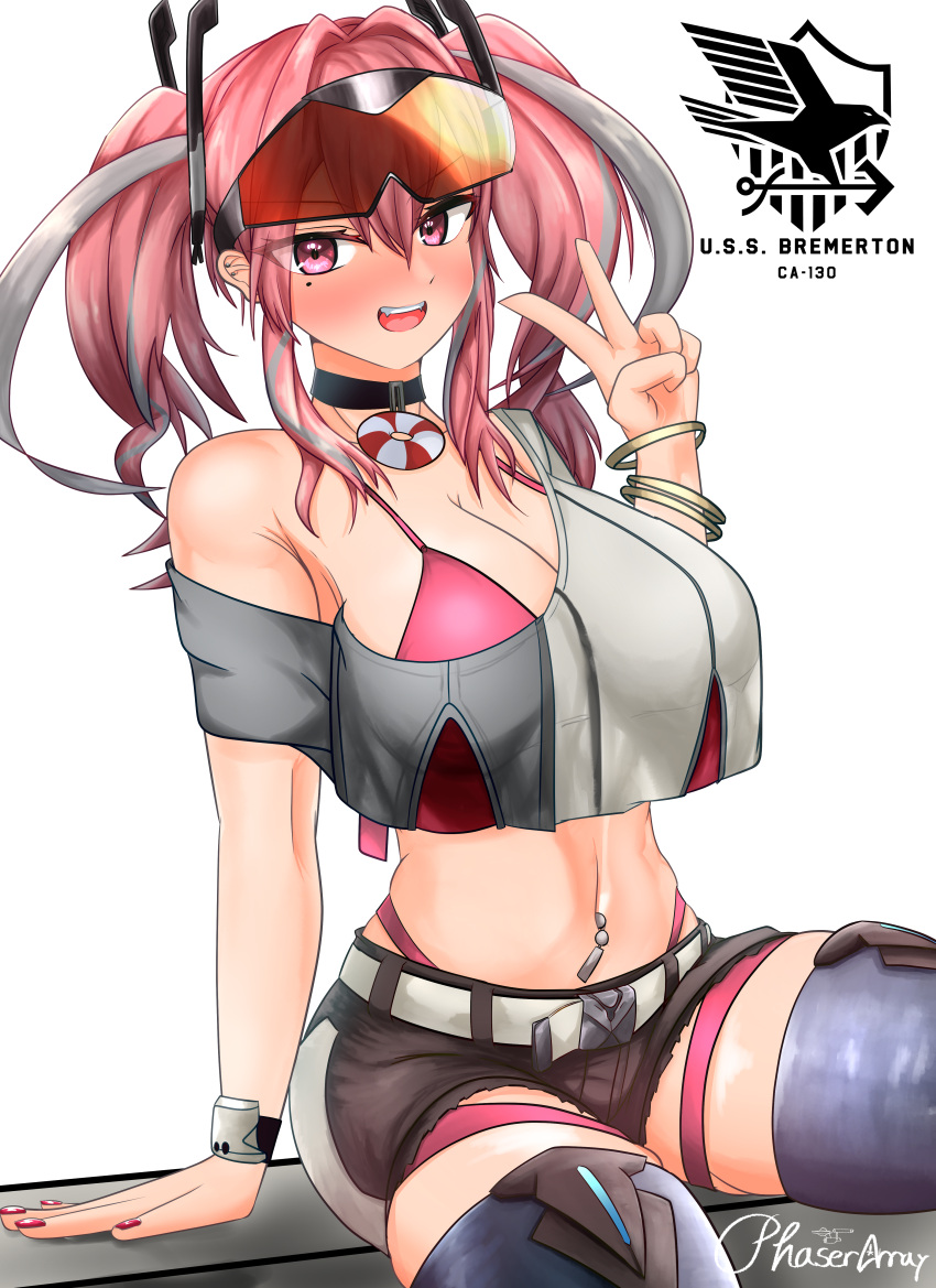 1girl :d absurdres arm_support aviator_sunglasses azur_lane belt bikini bikini_under_clothes black_choker black_shorts blue_thighhighs bracelet breasts bremerton_(azur_lane) character_name choker cleavage commentary crop_top crop_top_overhang cutoffs eagle_union_(emblem) ear_piercing eyewear_on_head fangs grey_belt grey_hair grey_shirt hair_between_eyes hair_intakes hair_ornament highleg highleg_bikini highres jewelry large_breasts lifebuoy_ornament long_hair looking_at_viewer midriff mole mole_on_breast mole_under_eye multicolored_hair navel navel_piercing no_coat off_shoulder open_mouth phaser_array piercing pink_bikini pink_eyes pink_hair pink_nails red-tinted_eyewear shirt short_shorts short_sleeves shorts sidelocks signature simple_background single_bare_shoulder sitting skindentation smile solo streaked_hair sunglasses swimsuit teeth thigh_strap thighhighs tinted_eyewear twintails two-tone_hair two-tone_shirt upper_teeth_only v white_background