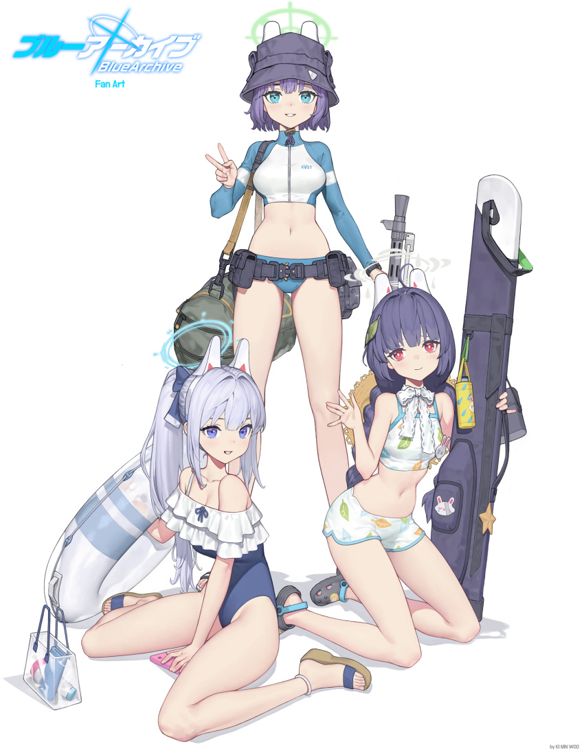 3girls absurdres animal_ears artist_name bag belt belt_pouch between_legs bikini bikini_bottom_only black_hair black_headwear blue_archive blue_bikini blue_eyes blue_halo blue_jacket blue_one-piece_swimsuit blush braid breasts brown_headwear bucket_hat casual_one-piece_swimsuit cellphone cleavage closed_mouth collarbone commentary copyright_name crocs cropped_jacket duffel_bag fake_animal_ears frilled_one-piece_swimsuit frills full_body green_halo grey_halo grin gun halo hand_between_legs hat hat_around_neck headgear highres holding holding_gun holding_weapon innertube jacket ki_min-woo kneeling lahti-saloranta_m/26 large_breasts leaf_print long_hair long_sleeves looking_at_viewer miyako_(blue_archive) miyako_(swimsuit)_(blue_archive) miyu_(blue_archive) miyu_(swimsuit)_(blue_archive) multiple_girls navel off-shoulder_one-piece_swimsuit off_shoulder official_alternate_costume one-piece_swimsuit parted_lips phone ponytail pouch print_bikini purple_eyes purple_hair rabbit_ears rash_guard red_eyes saki_(blue_archive) saki_(swimsuit)_(blue_archive) sandals short_hair shoulder_bag simple_background sitting small_breasts smartphone smile standing straw_hat swimsuit toes twin_braids v wariza waving weapon white_background white_bikini white_hair