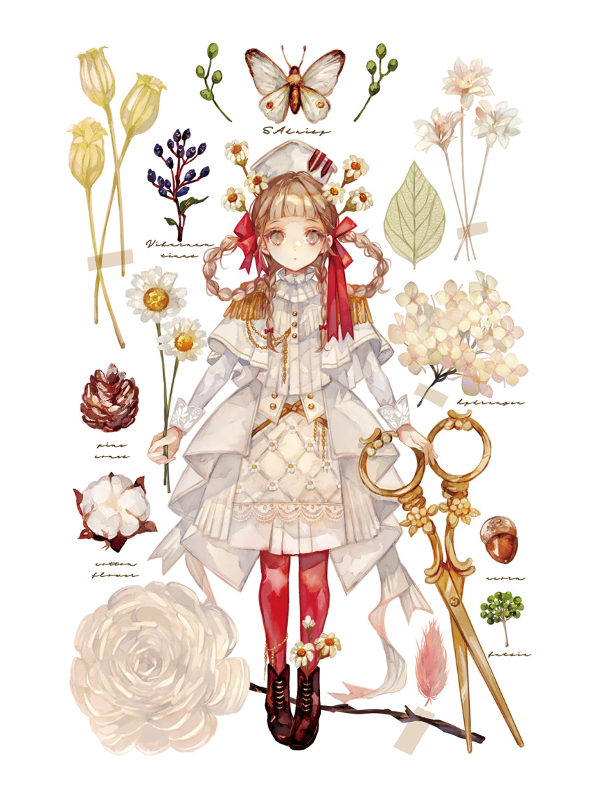 1girl acorn black_footwear boots bow braid brown_eyes brown_hair bug butterfly capelet daisy dot_mouth flower hair_bow hair_flower hair_ornament hair_rings highres holding holding_flower long_bangs long_hair long_skirt long_sleeves looking_at_viewer niwa_haruki ofuda original pantyhose red_bow red_pantyhose scissors shirt skirt solo straight-on twin_braids white_capelet white_flower white_shirt white_skirt