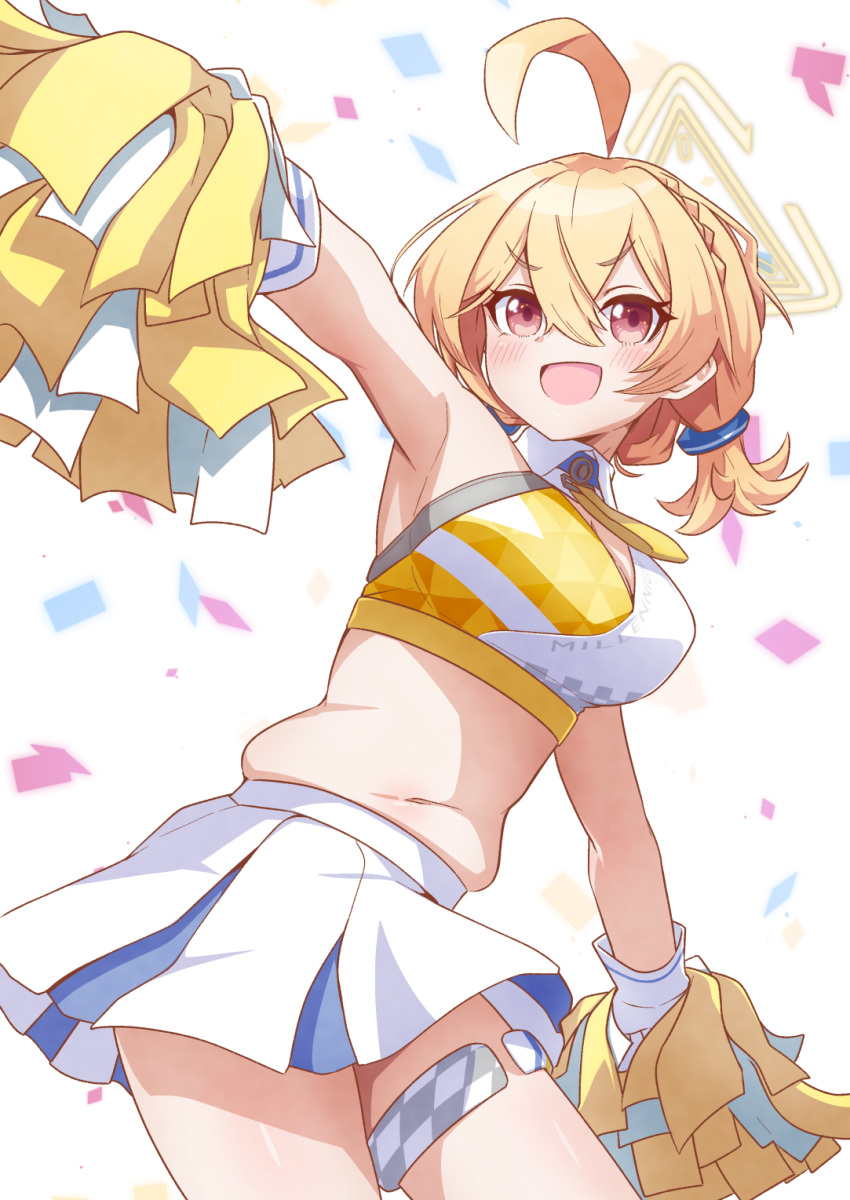 1girl ahoge armpits ascot blonde_hair blue_archive breasts cheerleader commentary detached_collar hair_between_eyes halo highres holding holding_pom_poms kirigakure_(user_yvtj2773) kotori_(blue_archive) kotori_(cheer_squad)_(blue_archive) looking_at_viewer medium_breasts midriff millennium_cheerleader_outfit_(blue_archive) navel official_alternate_costume plump pom_pom_(cheerleading) red_eyes short_hair short_twintails skirt solo thigh_strap triangle_halo twintails white_background white_skirt yellow_ascot yellow_halo