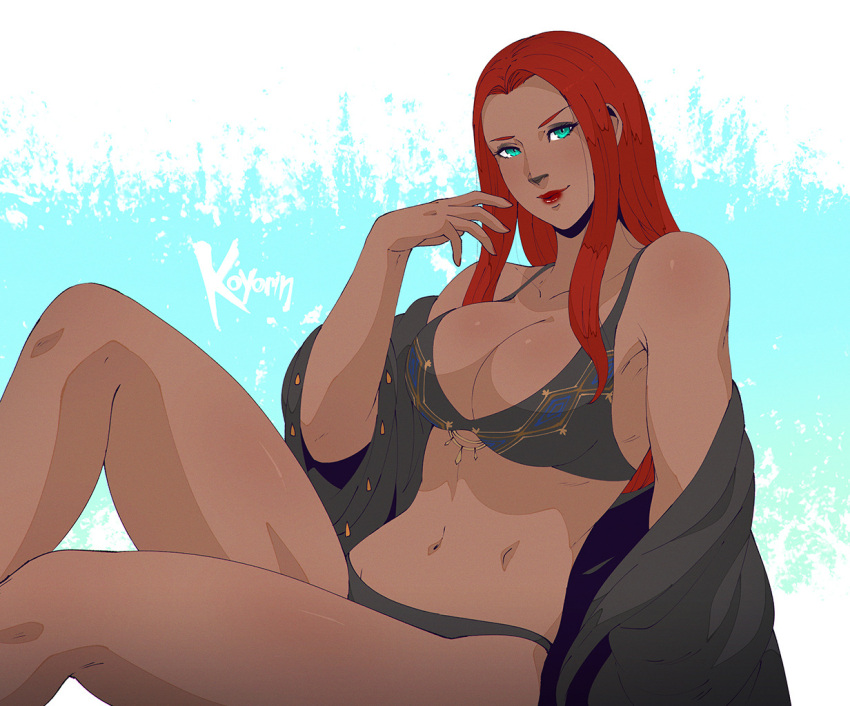 1girl arm_support artist_name bikini black_bikini blue_eyes breasts commission dark-skinned_female dark_skin final_fantasy final_fantasy_xiv koyorin large_breasts long_hair looking_at_viewer navel open_clothes open_shirt red_hair red_lips roegadyn solo swimsuit warrior_of_light_(ff14)