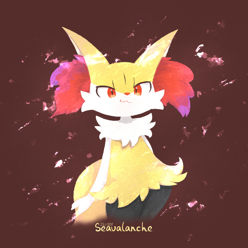 1girl :3 absurdres animal_ear_fluff animal_ears animal_nose arms_at_sides artist_name black_fur body_fur braixen closed_mouth commentary cowboy_shot cropped_legs dated dated_commentary english_commentary flat_chest fox_ears fox_girl fox_tail furry furry_female happy highres multicolored_fur neck_fur pokemon pokemon_(creature) red_background red_eyes seavalanche signature simple_background smile solo standing tail white_fur yellow_fur