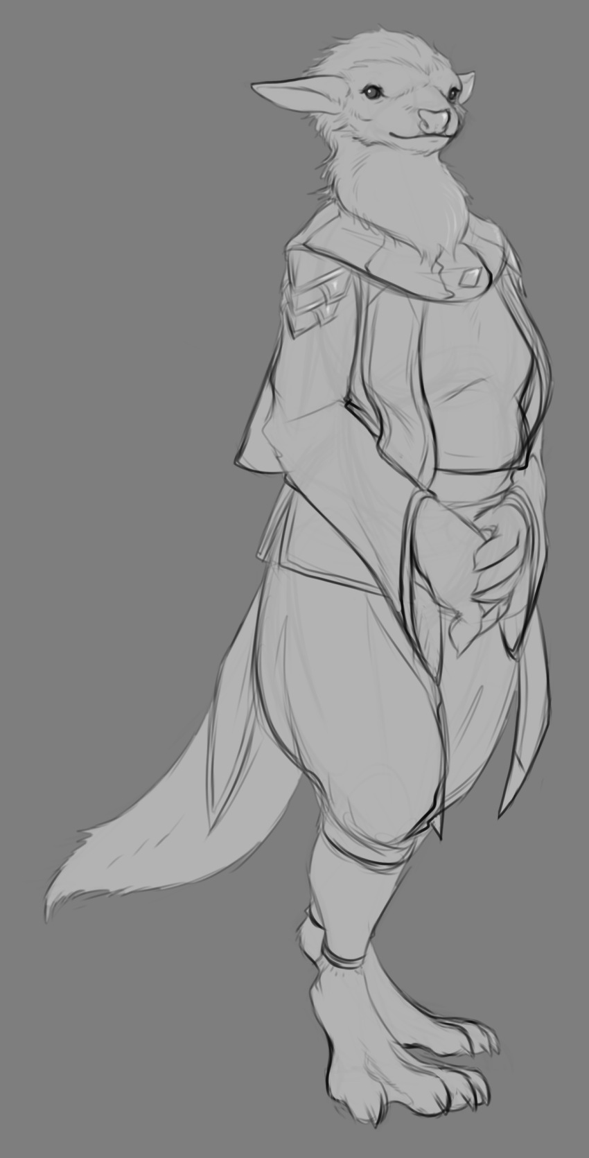 alien anthro bottomwear clothed clothing coat female hands_together hi_res looking_at_viewer mammal monochrome mustelid neck_tuft open_clothing open_coat open_topwear otter pants protatypo scyldari shirt sketch standing stellaris tail thick_tail topwear tuft