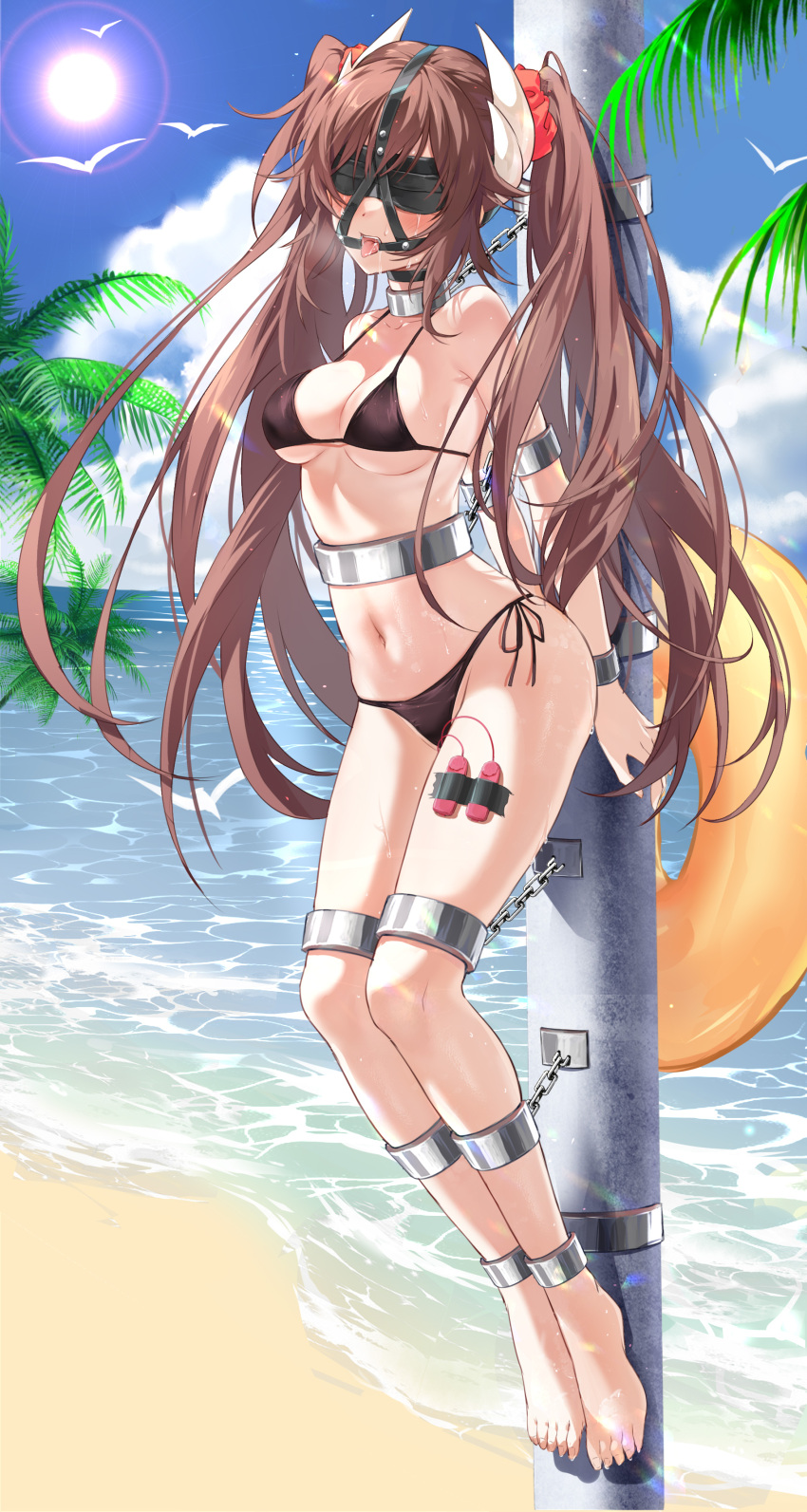 1girl absurdres arms_behind_back ass azur_lane bare_shoulders barefoot bdsm beach bikini bird black_bikini black_blindfold blindfold blue_sky blush bondage bound breasts brown_hair chain chained cleavage cloud cloudy_sky collarbone commentary cuffs day devil_heavens drooling feet full_body furrowed_brow gag groin hair_ornament hair_scrunchie half-closed_eyes halterneck haruna_(azur_lane) heavy_breathing highres horns immobilization innertube legs_together lens_flare long_hair looking_at_viewer medium_breasts moaning navel ocean open_mouth outdoors palm_leaf palm_tree pole red_scrunchie restrained ring_gag saliva scrunchie sex_toy shackles shadow side-tie_bikini_bottom sidelocks sky solo stationary_restraints stomach string_bikini sun sweat swimsuit tape teeth tongue tongue_out tree twintails underboob upper_teeth_only vibrator water