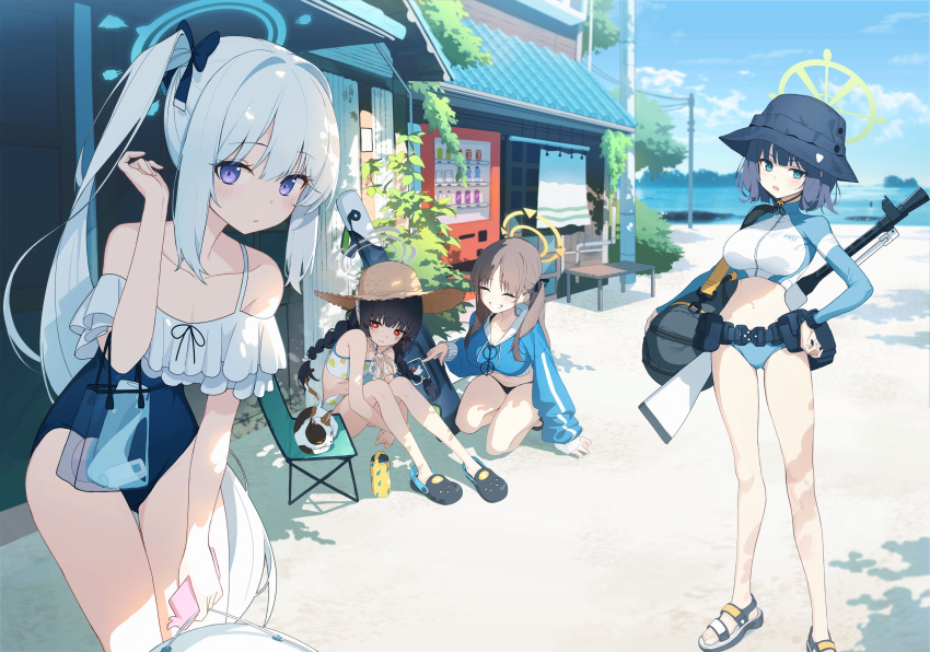 4girls ^_^ absurdres beach bikini black_hair black_headwear blue_archive blue_eyes blue_halo blue_one-piece_swimsuit blue_sky braid breasts brown_headwear closed_eyes cloud day green_halo grey_halo halo hand_on_own_hip hat highres large_breasts long_hair looking_at_viewer miyako_(blue_archive) miyako_(swimsuit)_(blue_archive) miyu_(blue_archive) miyu_(swimsuit)_(blue_archive) moe_(blue_archive) moe_(swimsuit)_(blue_archive) multiple_girls navel one-piece_swimsuit outdoors pro-p saki_(blue_archive) saki_(swimsuit)_(blue_archive) sand sandals short_hair side_ponytail sitting sky smile squatting standing straw_hat swimsuit thighs twin_braids white_hair yellow_halo