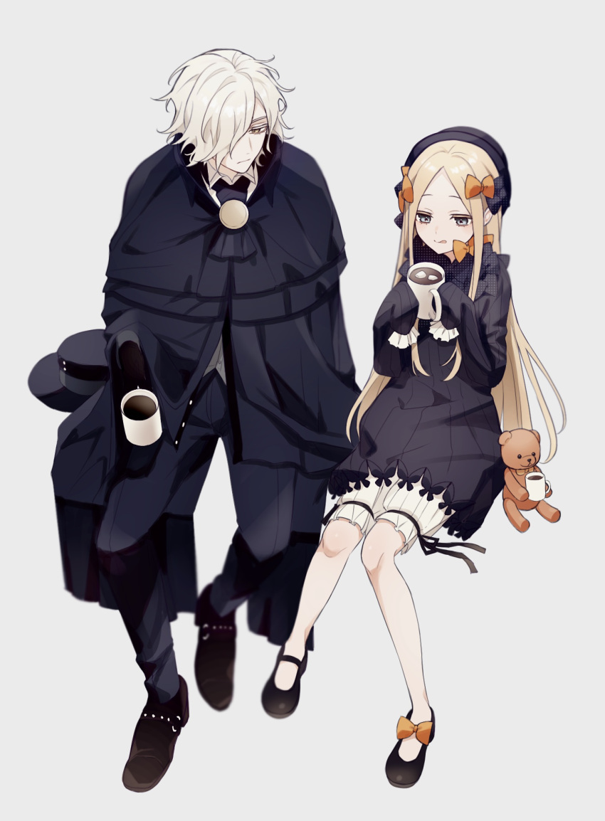 1boy 1girl abigail_williams_(fate) ascot black_ascot blonde_hair blue_eyes bow coffee cup edmond_dantes_(fate) fate/grand_order fate_(series) food grey_background hat hat_removed headwear_removed highres hot_chocolate marshmallow orange_bow shoes sitting sleeves_past_fingers sleeves_past_wrists stuffed_animal stuffed_toy sumi_(gfgf_045) teddy_bear tongue tongue_out white_hair yellow_eyes