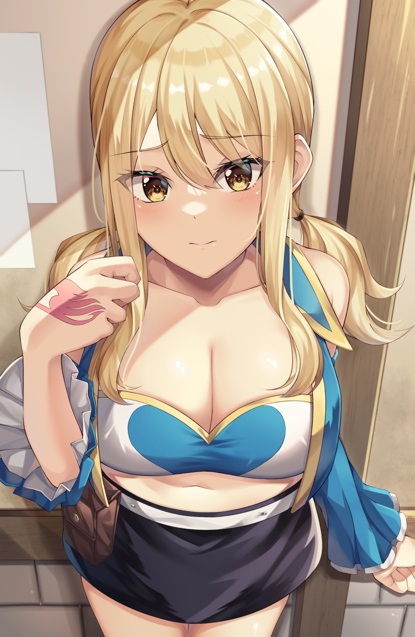 1girl absurdres amagi_korona black_skirt blonde_hair blue_vest breasts cleavage closed_mouth commentary_request fairy_tail furrowed_brow hand_tattoo hand_up highres large_breasts long_hair looking_at_viewer low_twintails lucy_heartfilia midriff miniskirt navel pouch sidelocks skirt solo stomach tattoo twintails vest yellow_eyes