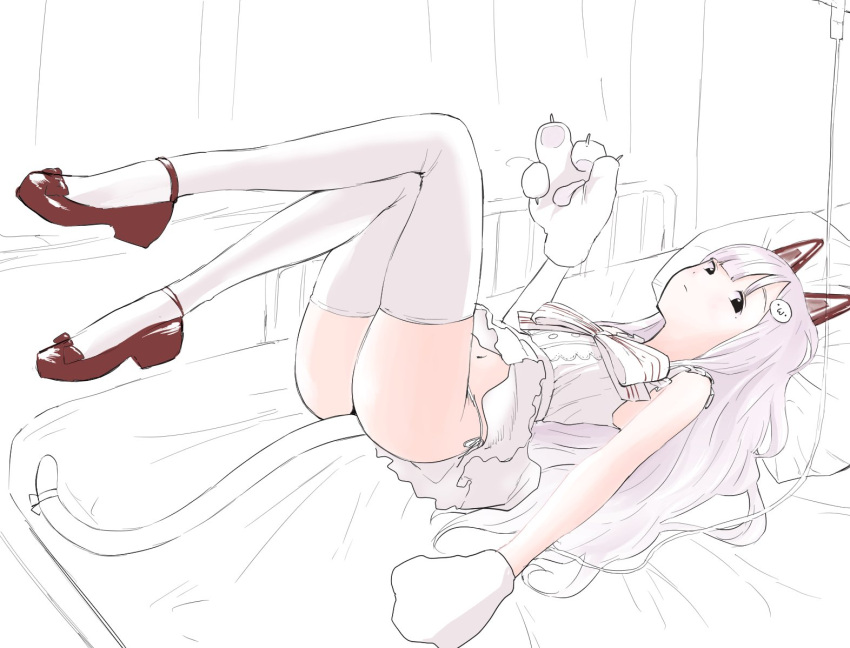 1girl animal_hands ass black_eyes bow cat_paws claws dress dress_shoes expressionless footwear_ribbon ftktan full_body gloves hair_ornament legs_up looking_at_viewer lying mechanical_ears namahoshi-chan navel on_back on_bed panties panty_peek paw_gloves pillow pink_hair shinsougumi solo string_panties tail tail_bow tail_ornament thighhighs underwear virtual_youtuber white_bow white_dress white_panties white_theme white_thighhighs